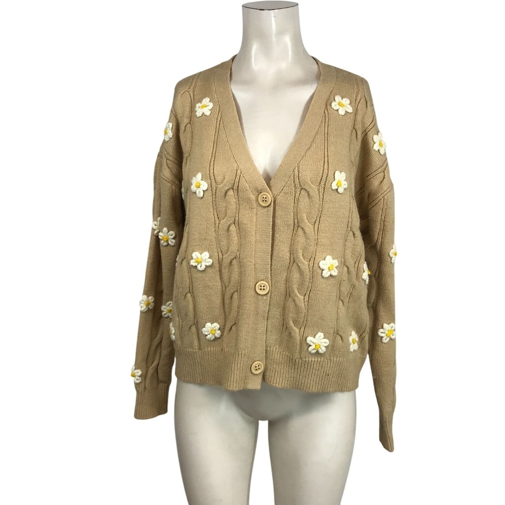 & MERCI - WOMEN'S SMALL - TAN W/FLOWERS LONG SLEEVE CABLIE KNIT V NECK CARDIGAN - Picture 1 of 8